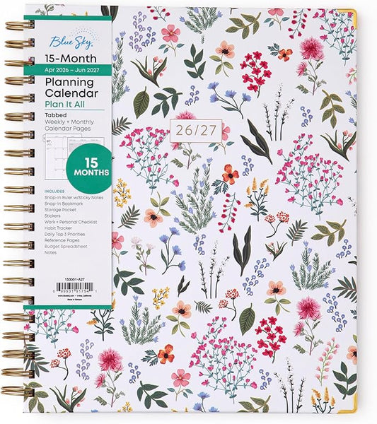 Blue Sky 15 Month 2026-2027 Weekly and Monthly Academic Year Planner Calendar, April 2026 - June 2027, 8.5" x 11", Hard Cover, Wirebound, Laminated Tabs, Storage Pocket, Includes Snap-in Ruler w/Sticky Notes & Sticker Sheet, Londonberry White