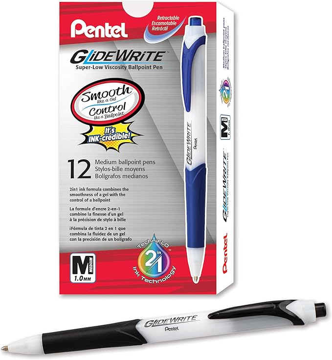 Pentel GlideWrite Ballpoint Pen with TechnIFlo Ink, (1.0mm) Medium Line, Black, Box of 12 (BX910-A)