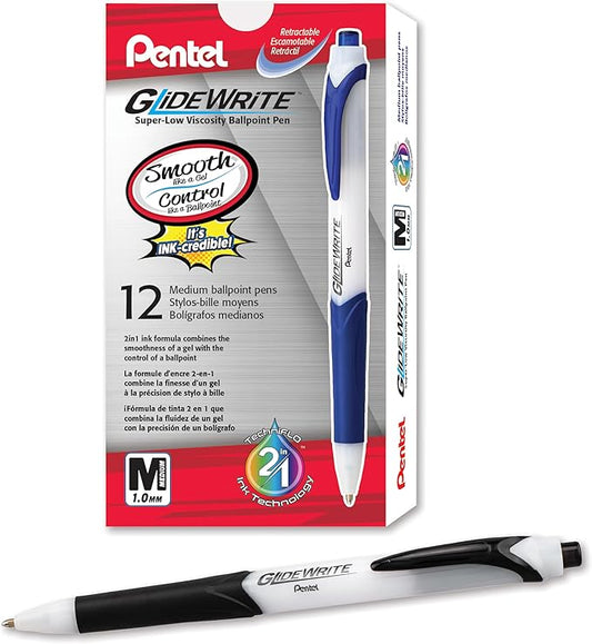 Pentel GlideWrite Ballpoint Pen with TechnIFlo Ink, (1.0mm) Medium Line, Black, Box of 12 (BX910-A)