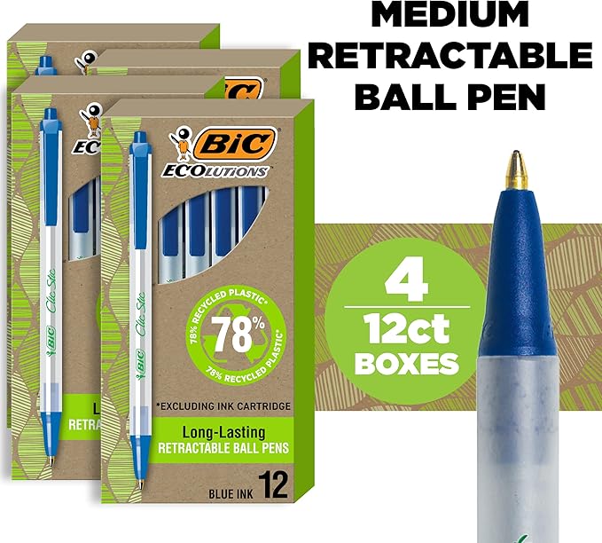 BIC Ecolutions Clic Stic Blue Ballpoint Pens, Medium Point (1.0mm), 48-Count Pack, Retractable Ball Point Pens Made from 78% Recycled Plastic
