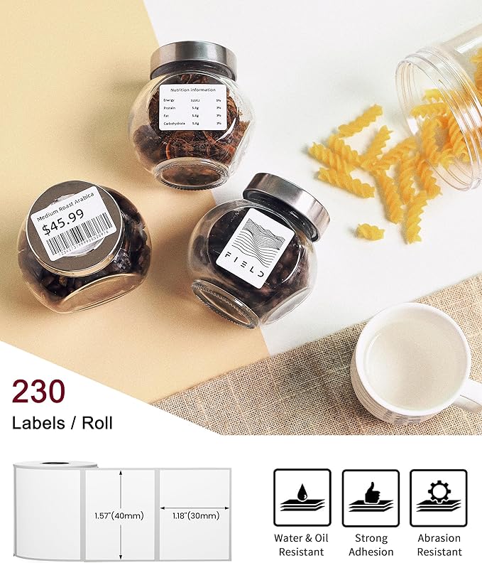 Phomemo [3x230 pcs] Labels Square Series, 3 Rolls 1.57''x1.18'' (40x30mm) M110 M100 M220 M221 Labels, White, 230 Pieces/Roll, Also Support Phomemo Thermal Shipping Printer