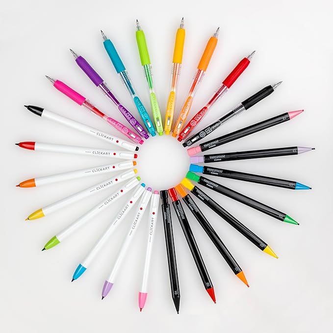 Zebra Pen Creative Essentials Clicking Set 24-Pack, Includes 8 CLiCKART Markers, 8 Colored Pencils and 8 Sarasa Clip Retractable Gel Pens, Assorted Ink Colors, Ideal For Bullet Journaling (76124)