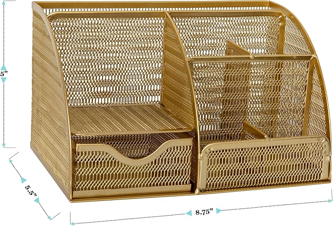 Martha Stewart Ryder Gold Mesh Metal Small Desktop Organizer for Office Accessories, Notebooks, Pen Holder and Drawer