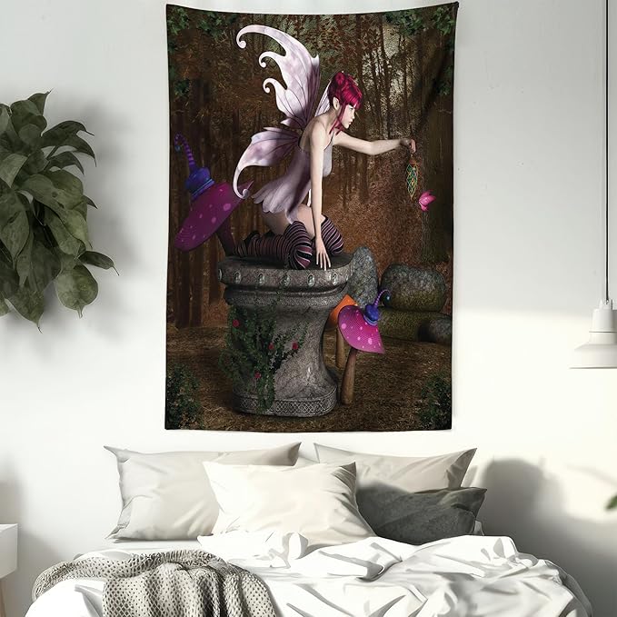 Ambesonne Tale Tapestry Queen Size, Dimensional Mythical Creature Design Artifact on Pedestal Forest Print, Wall Hanging Bedspread Bed Cover Wall Decor, 88" X 88", Red Purple Grey