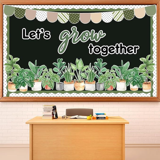Spring Greenery Classroom Bulletin Board Decorations Potted Plant Bulletin Board Set Motivational Let’s Grow Green Leaves Cutouts for Wall Decor Elementary Back to School Teacher Supplies