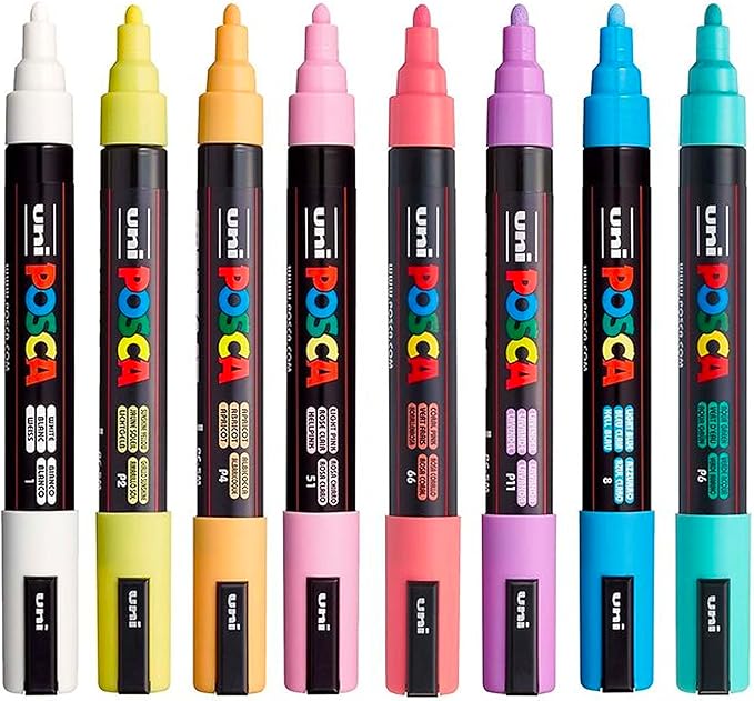 Posca Markers Set, 8 Medium Paint Markers 5M – Soft Tones – White, Sunshine Yellow, Apricot, Light Pink, Coral, Lavender, Light Blue, Aqua Green