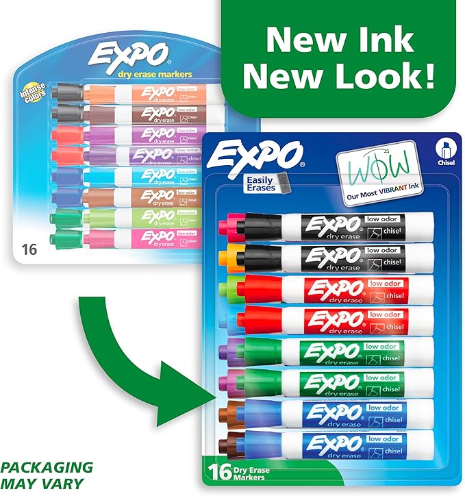EXPO Dry Erase Markers, Low Odor Ink, Assorted Colors, Chisel Tip, 16 Count - Whiteboard, Calendar, Organization, Essential Supplies for Office, School, Classroom, Teachers