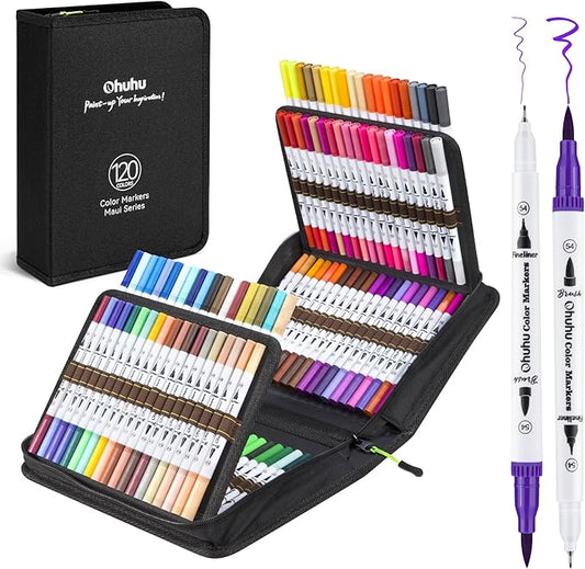 Ohuhu Markers for Adult Coloring Books No Bleeding 120 Colors Water-based Dual Tips Fineliner & Brush Coloring Markers for Kids Adults Beginners Drawing Pens for Journaling Lettering - Maui - White