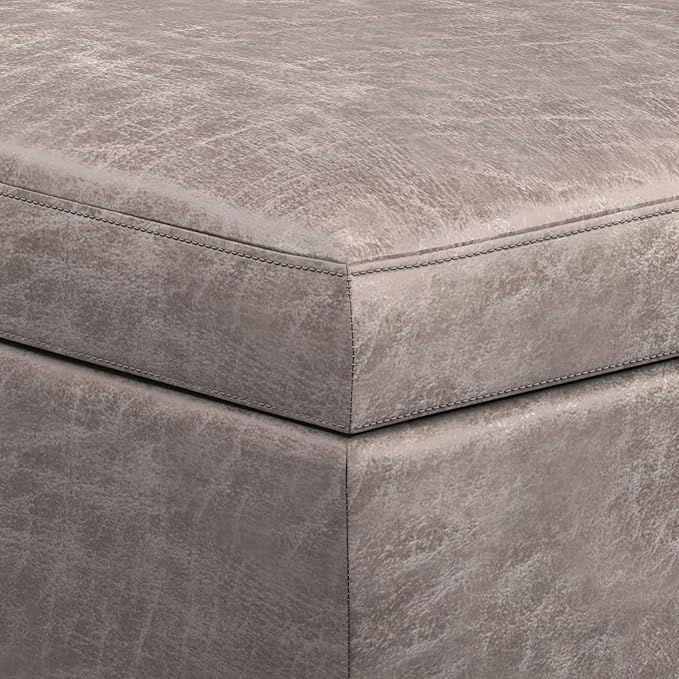 SIMPLIHOME Owen Rectangular Storage Ottoman - 48 inch Wide Upholstered Vegan Leather Lift-Top Ottoman in Distressed Grey Taupe, Mid-Century Modern Ottoman for Living Room with Tufted Detail