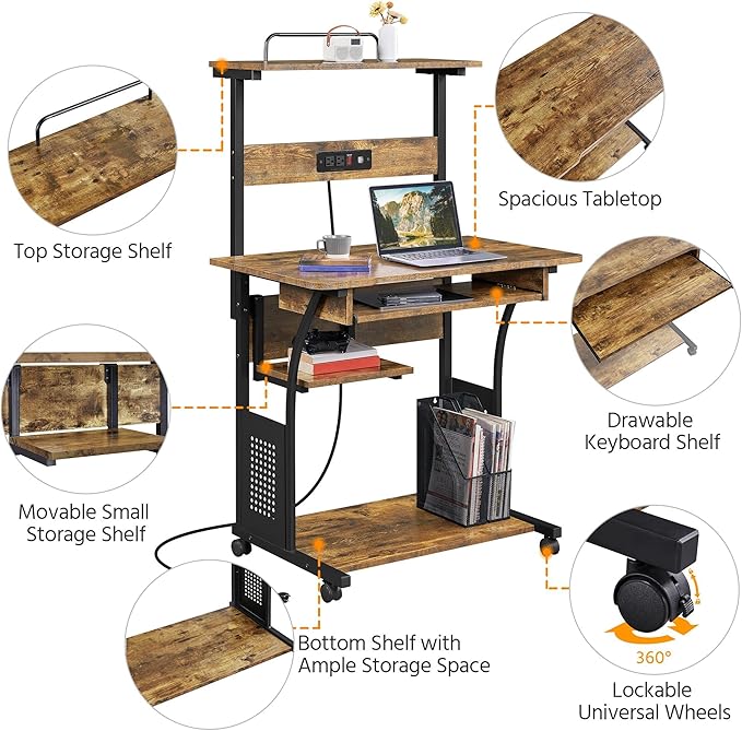 Yaheetech 3 Tiers Rolling Computer Desk on Wheels with Charging Station and Keyboard Tray, Mobile Home Office Desk PC Laptop Workstation with Power Outlet and USB Ports for Home Studying, Rustic Brown