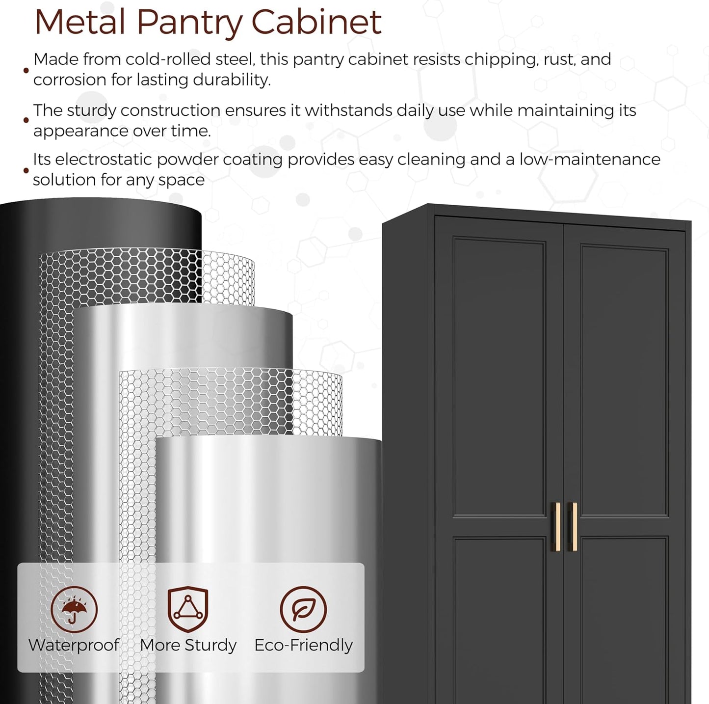 71" Tall Metal Pantry Cabinet, Black Kitchen Pantry Storage Cabinet with 4 Adjustable Shelves and Gold Handles, Cupboard for Kitchen, Dining Room, Living Room, Bathroom