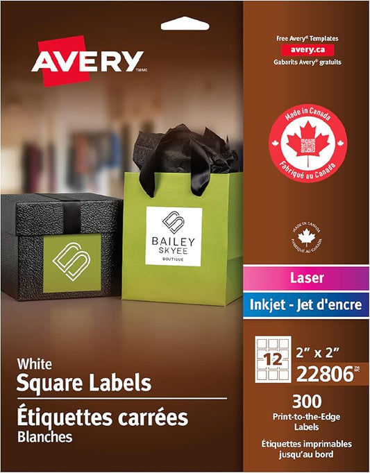 Square Labels with Sure Feed and TrueBlock, 2 x 2, White, 300/Pack