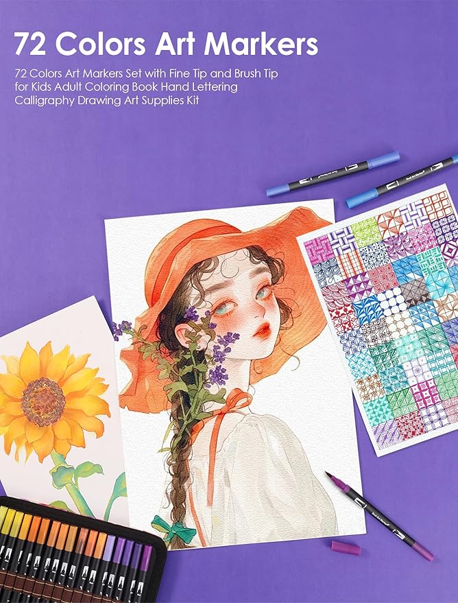 Art Markers Pens Dual Tip Coloring Markers Set with Brush & Fine Nib for Adult Coloring Book Christmas Gifts Professional Calligraphy & Drawing Art Supplies Kit for Adults (72 Colors)