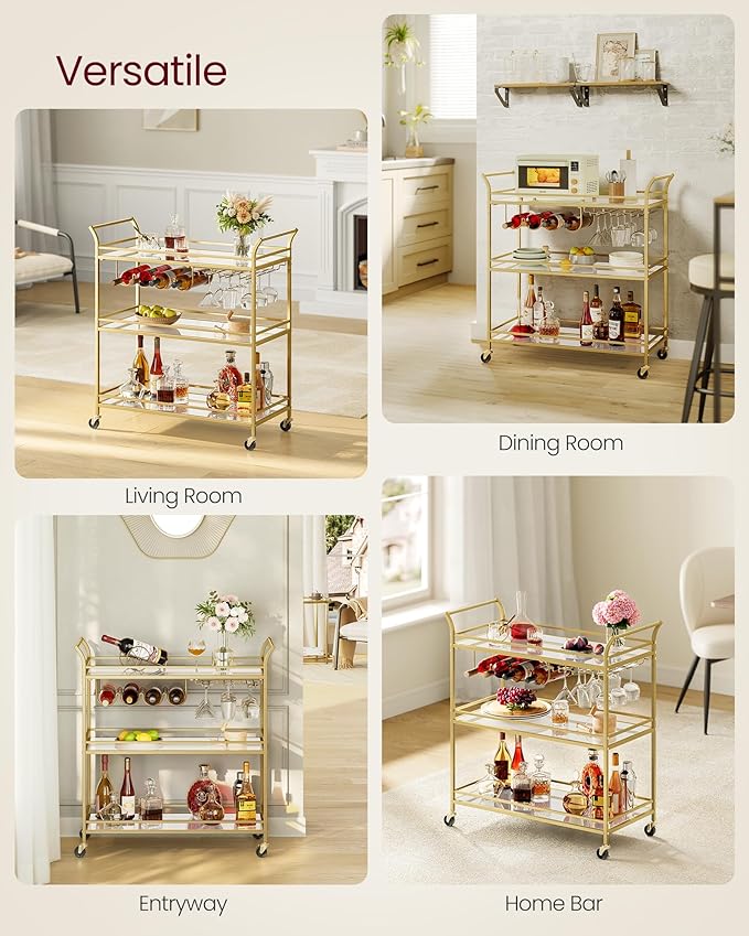 VASAGLE Bar Cart Gold, Large Home Bar Serving Cart with 3-Tier Mirrored Shelf, Wine Holders, Glass Holders, Kitchen, 15 x 33.9 x 35.4 Inches, Gold ULRC083A02