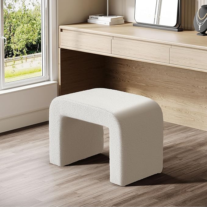 Tribesigns Foot Stool for Couch, Modern Boucle Vanity Stool Chair, Large Faux Sherpa Ottoman Foot Rest, Arched Shoe Bench or Entryway, Upholstered Extra Seating for Living Room, Fully Assembled, White