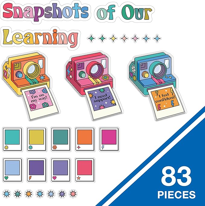 Happily Ever Elementary Retro Remix 83-Piece Snapshots of Our Learning Bulletin Board Set, Banner, Vintage Cameras, Photos, and More Groovy Bulletin Board Decorations for Classroom Decor