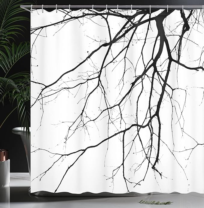 Ambesonne Black White Shower Curtain, Macro Leafless Winter Tree Branches Idyllic Twigs of Oak Nature Print, Cloth Fabric Bathroom Decor Set with Hooks, 69" W x 84" L, Black White