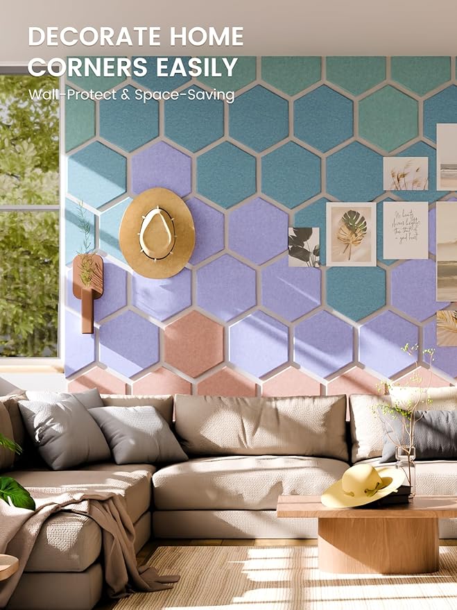 Fluxynara Hexagon Cork Board Alternative for Walls Decor-8-Pack Felt Bulletin Board Tiles,with 30 Pushpins,50 Adhesive Tabs for Office& Home Pin Board Felt Board-Coastal Haze