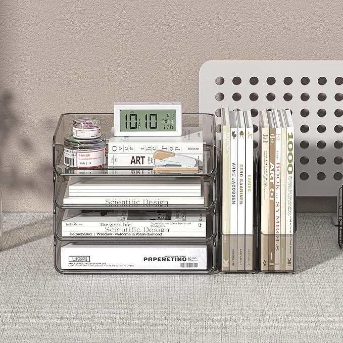 Acrylic Paper Organizer with Movable Bookends, 4-Tier Stackable Paper Tray for Desk, Brown Clear File & Letter Tray Organizer Office