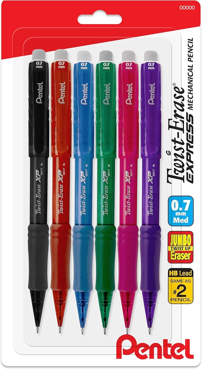 Pentel Twist Erase EXPRESS 0.7mm Mechanical Pencils with Assorted Colored Barrels - Pack of 6