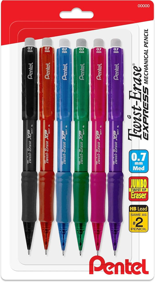 Pentel Twist Erase EXPRESS 0.7mm Mechanical Pencils with Assorted Colored Barrels - Pack of 6