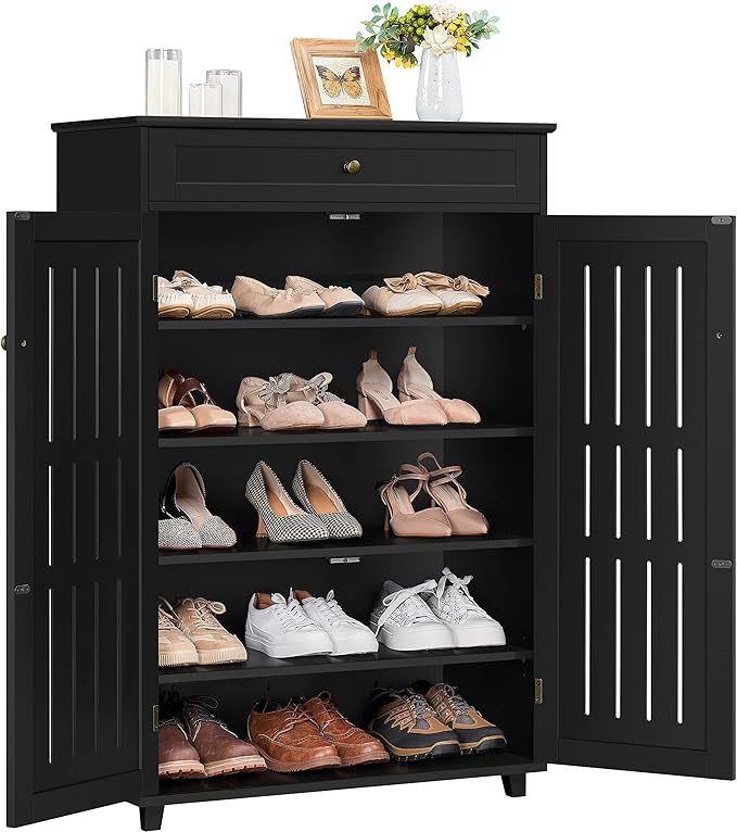 Yaheetech Shoe Cabinet, 5-Tier Shoe Rack Organizer with 1 Drawer, Freestanding Wooden Shoe Storage Cabinet with 2 Louvered Door & Adjustable Shelves for Entryway Hallway, Black