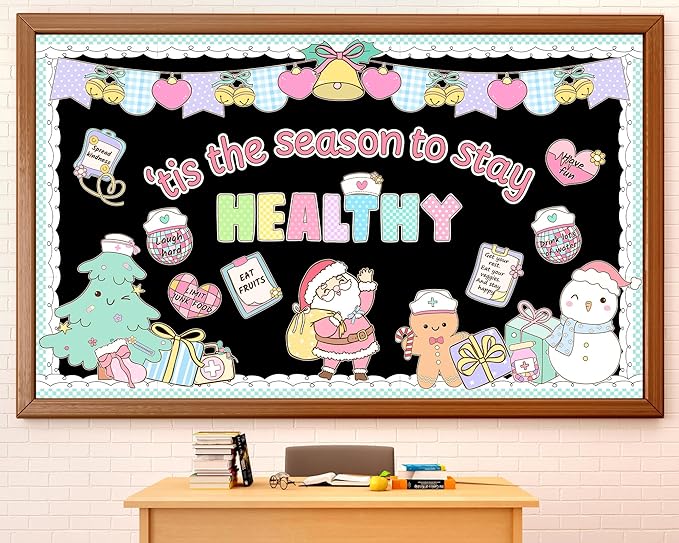 Christmas Health Bulletin Board Decorations Set Xmas Pastel Healthy Habits Poster Christmas Tree Snowman Santa Cutouts for Classroom School Home Chalkboard Wall Winter Holiday Party Decor Supplies