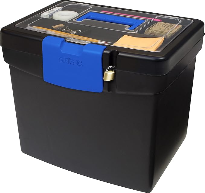 Storex Portable File Box, with Lockable XL Supply Storage Lid and Carry Handle, Black/Blue, 10.9 x 11 x 13.25 Inches, 2-Pack (61415B02C)