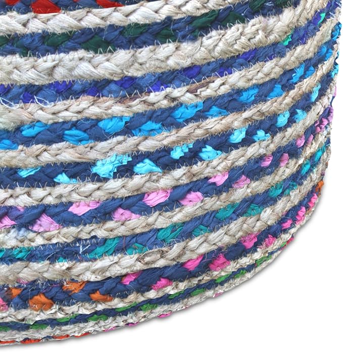 SIMPLIHOME Margo Round Pouf - 20 inch Wide Handwoven Jute and Cotton Braided Ottoman in Blue, Boho-Style Footstool or Extra Seating for Living Room or Bedroom with Polystyrene Bead Filling, Assembled