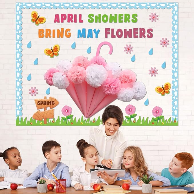 April Showers Bring May Flowers Bulletin Board with 3D Tissue Paper Pompoms Summer Floral Classroom Decoration Umbrella Clouds Flower Cutouts for Window Home Class School Nursery Supplies