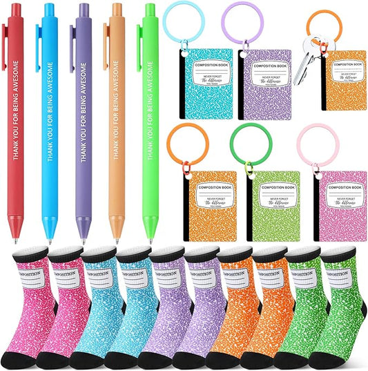 Cutecrop 15 Pcs Teacher Appreciation Gifts Bulk Valentines Funny Teacher Socks for Women Men Thank You Pens Composition Notebook Keychains for Holiday Party Supplies