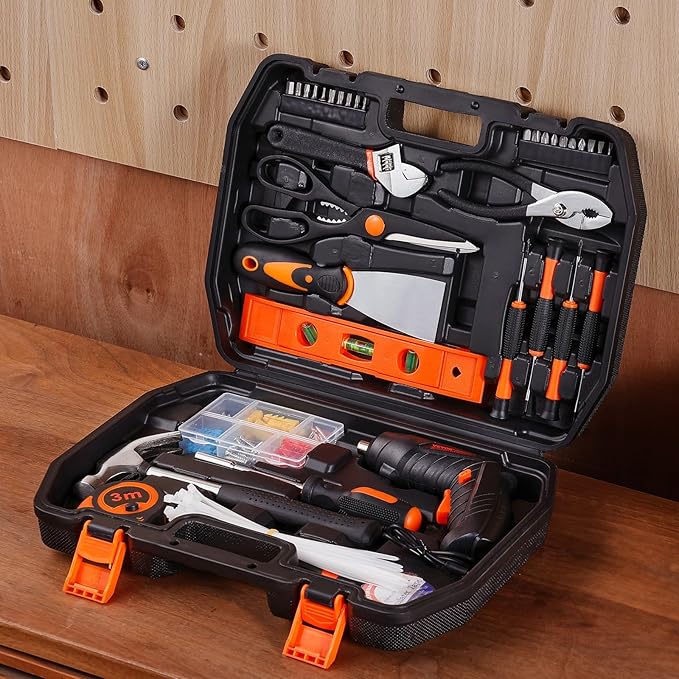 VEVOR Tool Kit, 96 Piece General Household Hand Tool Set, with Cordless Screwdriver and Portable Tool Storage Case, Steel, for Home Maintenance, DIY Projects, and Automotive Repair