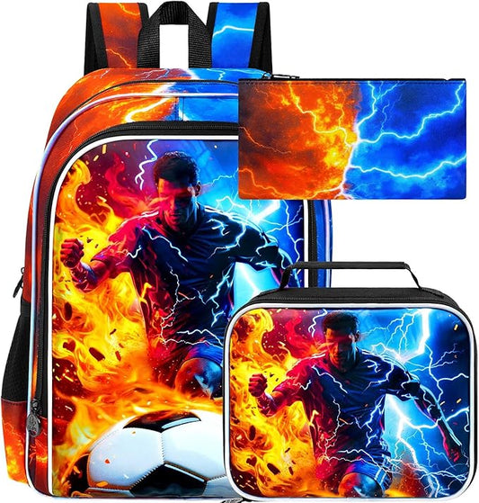 gxtvo 3PCS Soccer Backpack for Kids, 17" Boys School Bookbag with Lunch Box, Water Resistant Lightning Bag Middle Elementary - Fire & Lightning Soccer Player