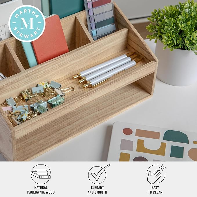 Martha Stewart Weston Wooden Desktop Organizer with Open Lower Storage Compartment, Paulownia Wood Multipurpose Storage Caddy, Light Natural