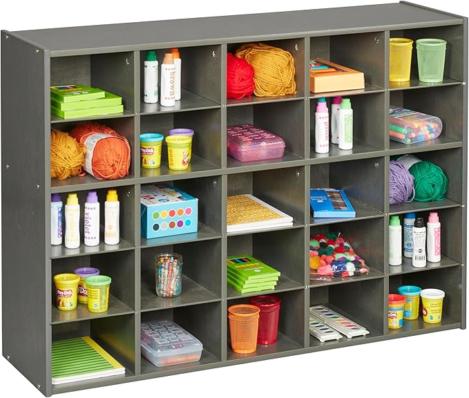 ECR4Kids Streamline 25 Cubby Tray Storage Cabinet, 5x5, Classroom Furniture, Grey Wash