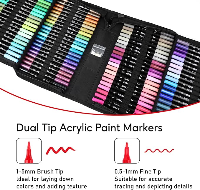 120 Colors Acrylic Paint Markers, Dual Tip Fine and Brush Tips Pens Contain 24 Metallic Color for Stone, Wood, Calligraphy, Canvas, Ceramic, Metal, Glass, Rock Painting, DIY Crafts Art Supplies Kit