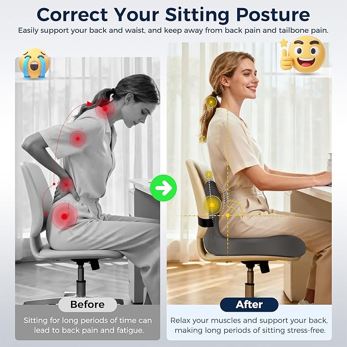 Seat Cushion, Office Chair Cushions for Tailbone Relief, Seat Cushions for Office Chair with L-Shaped Ergonomic Design & Adjustable Strap, Memory Foam Chair Cushion for Long Sitting Worker(Dark Gray)
