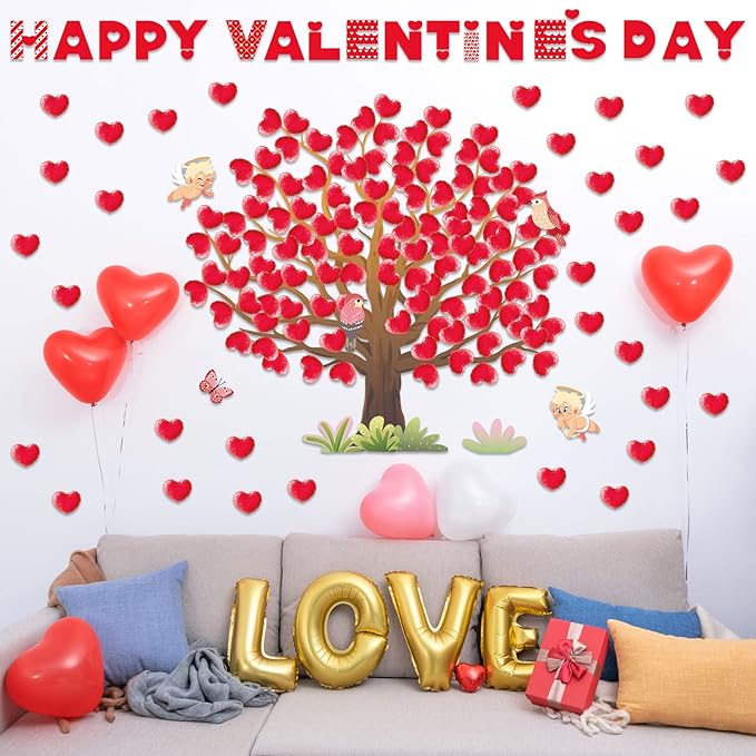 Pajean Valentines Bulletin Board Decorations Valentine Day Tree Bulletin Board Set Heart Bird Angel Classroom Tree Stickers Heart Wall Background Banner Door Decor (Cute Style)