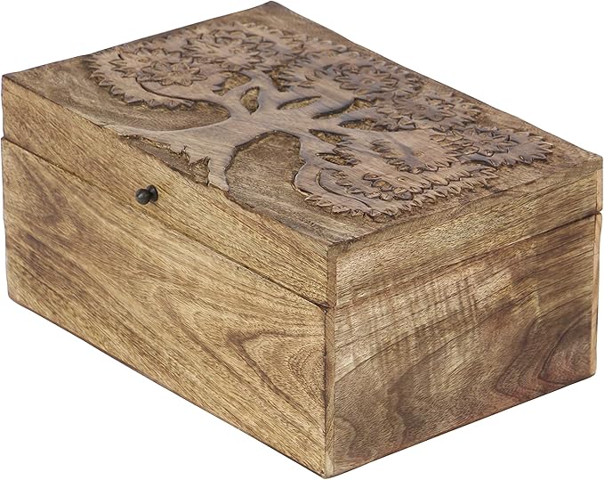 Deco 79 Mango Wood Floral Handmade Decorative Box Decorative Keepsake Boxes with Hinged Lid, Set of 3 Storage Boxes 8", 10", 12"W, Brown