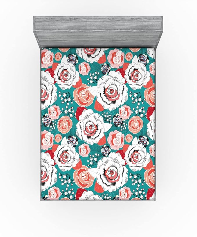 Ambesonne Floral 2 Pack Fitted Sheet, Colorful Flower Arrangements, Bed Cover All-Round Elastic Deep Pockets 2 Pieces, Package Contains 2 Queen Size Fitted Sheets, Dark Seafoam Multicolor