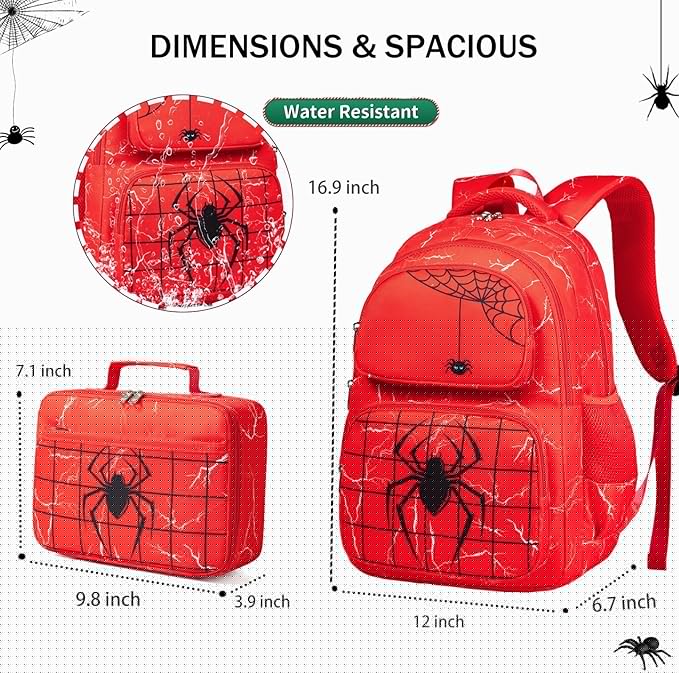 Kids Backpack Boys Spider Backpack with Lunch Box Kindergarten Elementary Middle School Toddler Bookbag for Boys Ages 4-14, Spider-Red