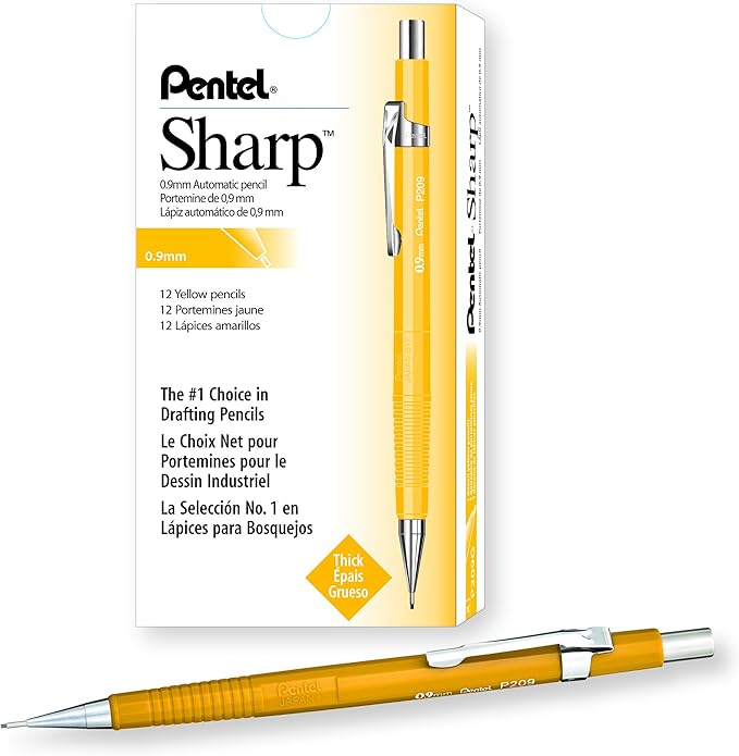 Pentel Sharp Mechanical Pencil, 0.9mm Lead Size, Yellow Barrel, Box of 12 Pencils (P209G)