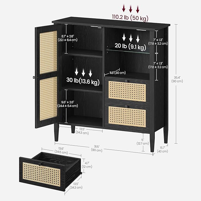 VASAGLE Boho Buffet Cabinet, Synthetic Rattan Sideboard with Drawers, Storage Cabinet with Adjustable Shelves, Ink Black UBBK242B01