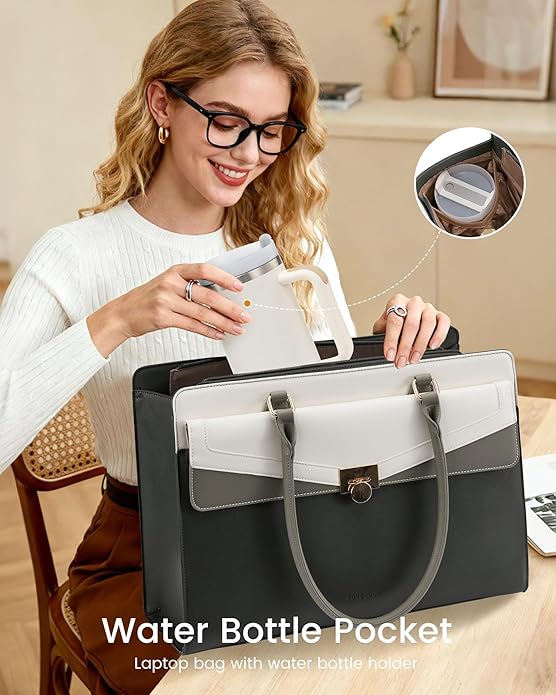 LOVEVOOK Laptop Tote Bag for Women - PU Leather Vintage Work Tote Bag,Waterproof Business Teacher Bag with Large Cup Holder