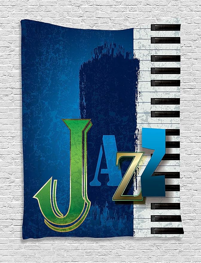 Ambesonne Jazz Music Tapestry, Abstract Cracked Background Piano Keys Themed Print Rhytym Image, Wall Hanging for Bedroom Living Room Dorm Decor, 40" X 60", Navy Green White