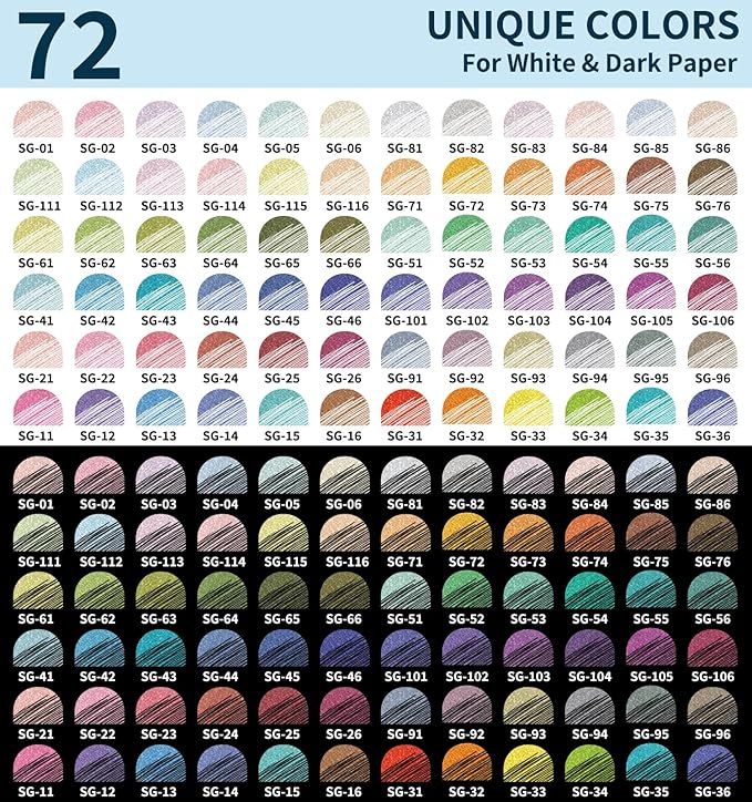 Glitter Gel Pens, 72 Pack Glitter Pens For Adults Coloring Books, 1.0mm Point Colored Pens, Large Capacity Ink Pens for Coloring, Writing, Drawing, Journaling, Note Taking, Office, Home