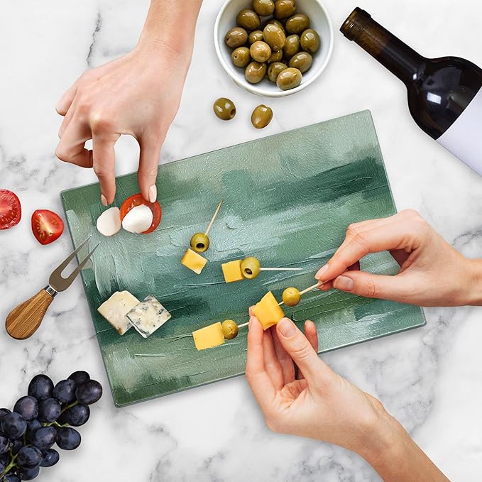 Ambesonne Green Cutting Board, Abstract Design Brush Strokes Look Print with Pastel Tones Celtic Tones, Decorative Tempered Glass Cutting and Serving Board, Small Size, Slate Brown White Teal