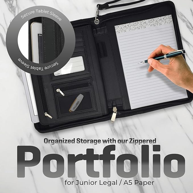 Zippered Leather Portfolio Binder with Junior Legal 5x8 Notepad - Black PU Leather Business Padfolio Organizer Folder with 8 Inch Tablet Sleeve & Gift Box by Lautus Designs