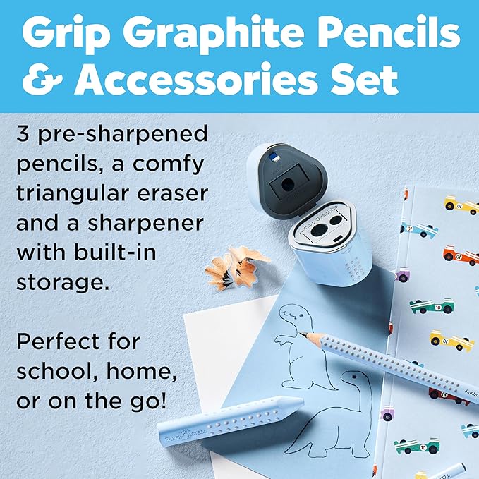 Faber-Castell Grip Graphite Pencils & Accessories Set, Sky Blue – 3 Drawing Pencils (B), Pencil Set for Sketching and Drawing, Art Pencils for Kids, Sketching Supplies