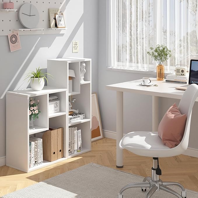 VECELO Small White Bookshelf, 4 Cube Slim Bookcase, Fits Tallest Hardcovers, Horizontal Available, Modern Floor Standing Unit, Each Shelf Hold Up to 66 LBS,White